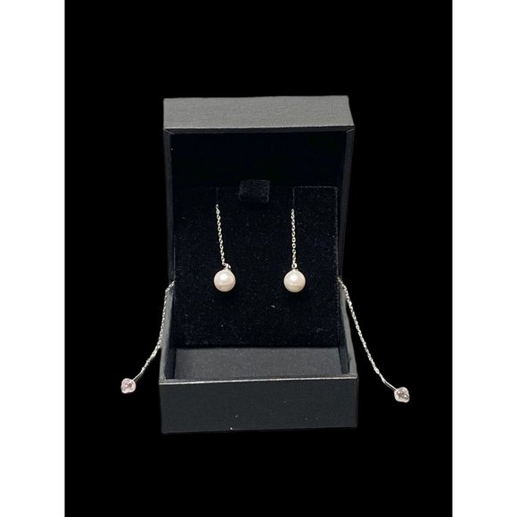 Sterling Silver Drop Chain Pearl Earrings Anti-Allergic - Picture 1 of 3